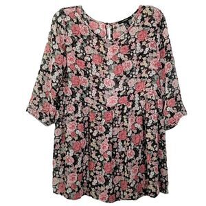 Forever 21 Sheer Black & Pink Floral Empire Waist Blouse 3/4 Sleeve Cutout Back